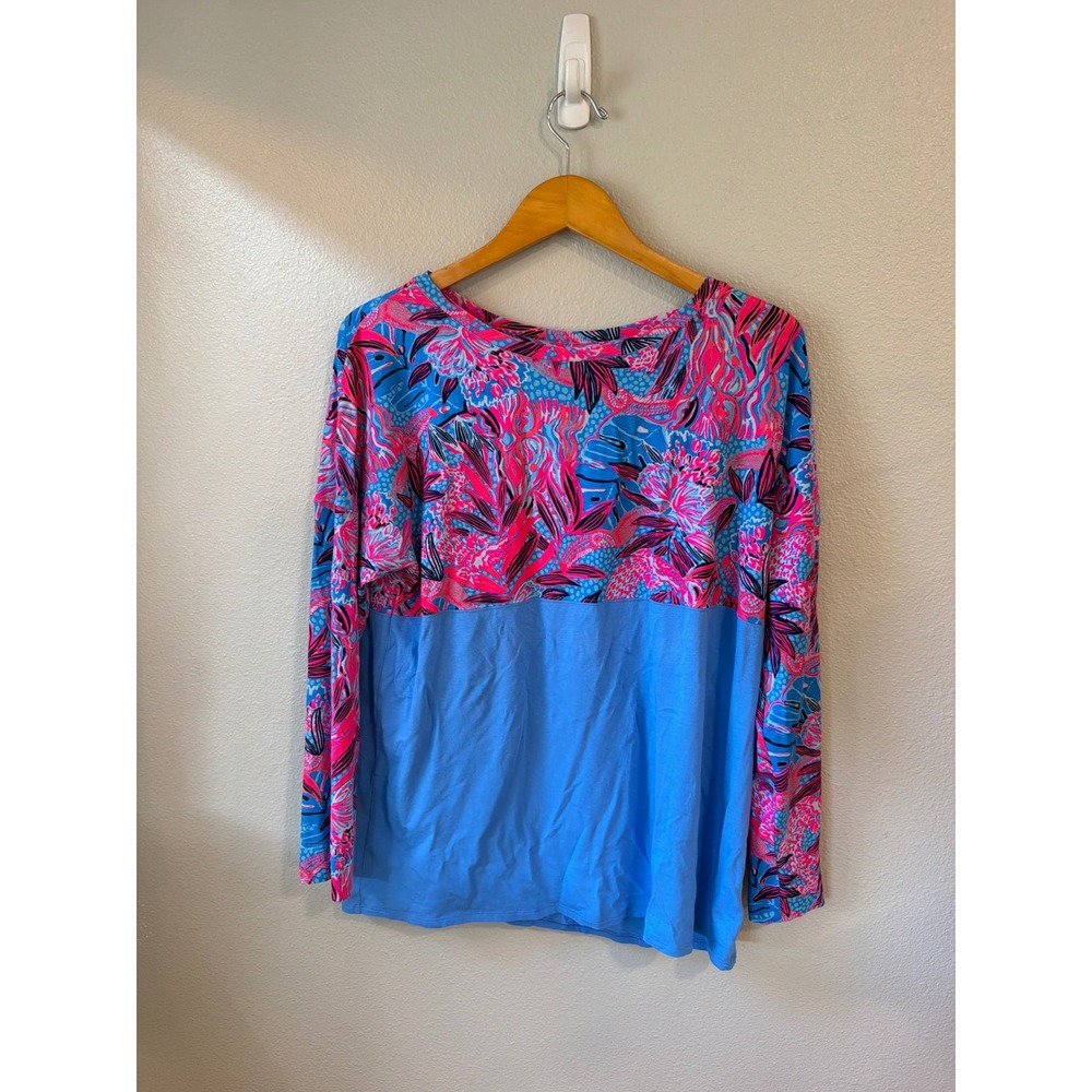 Lilly Pulitzer Top Women XL Blue Pink Floral Colorblock Pima Cotton Modal Blend